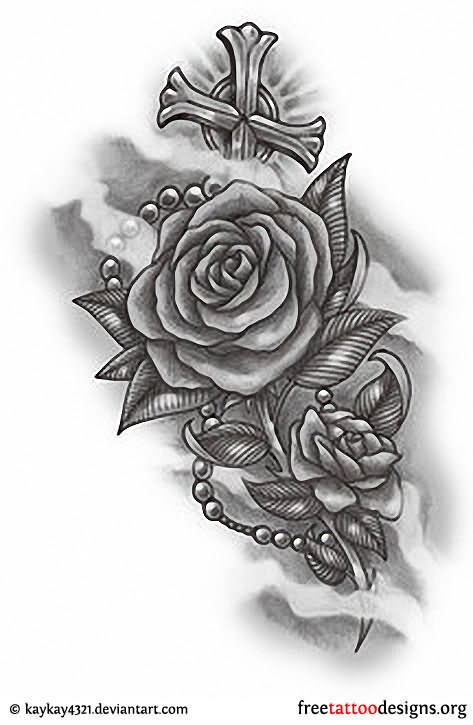 Rose With Rosary Cross Tattoo Design - Rose And Rosary Drawing. 