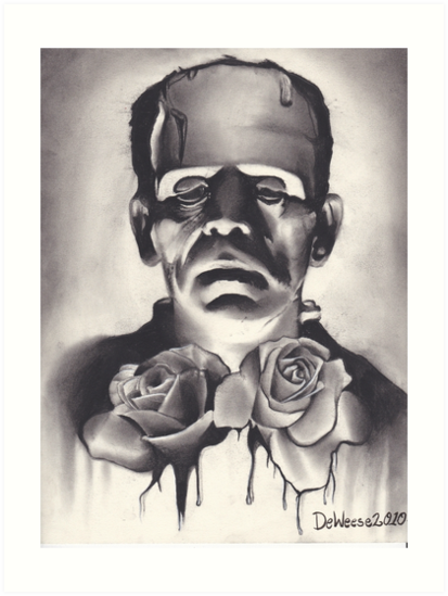 413x549 Original Charcoal Drawing Of Frankenstein With Roses Art Prints - Rose Charcoal Drawing