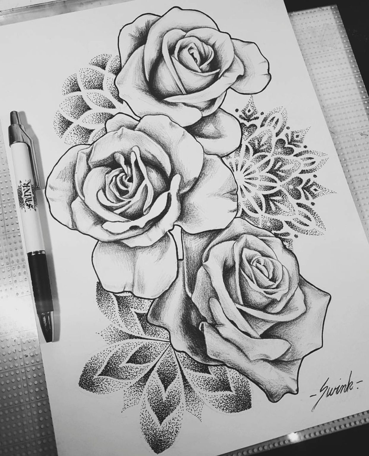1242x1535 Geometrical Mandala Dot Work Roses Tattoo Design Drawing Found - Rose Design Drawing