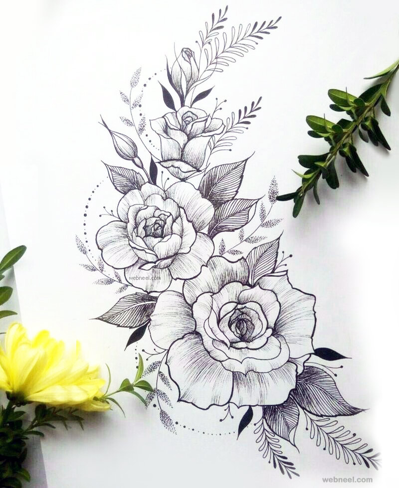800x980 Beautiful Flower Drawings And Realistic Color Pencil Drawings - Rose Design Drawing