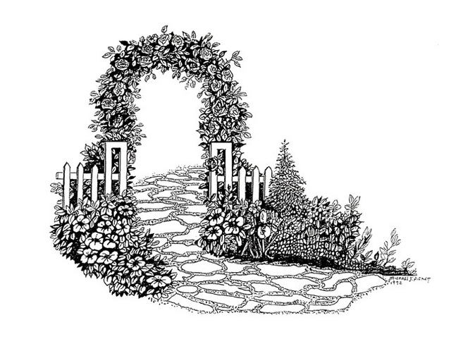 640x498 Michael Pickett Artwork Rose Garden Entrance Original Drawing - Rose Drawing Pen