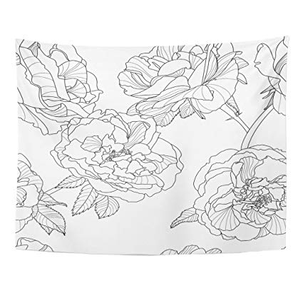 425x425 emvency tapestry line floral black white outline rose - Rose Flower Line Drawing