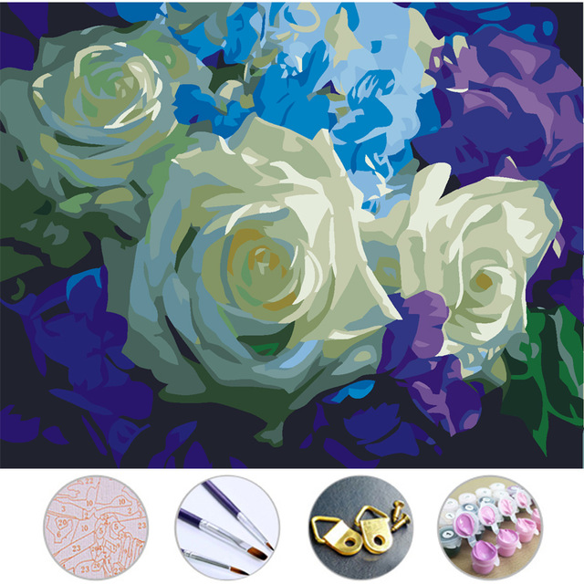 640x640 White Roses Diy Oil Painting Drawing Frameless Picture On Wall - Rose Garden Drawing