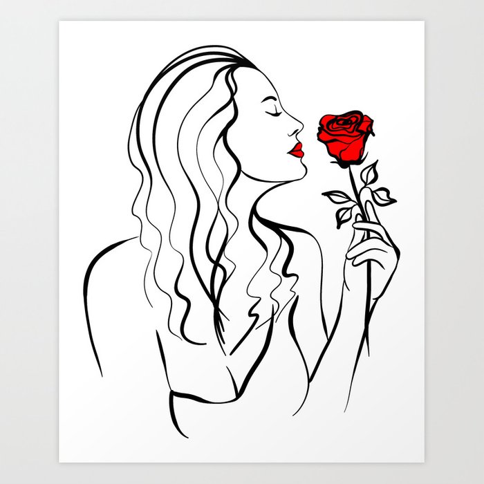 700x700 Sketch Of A Girl With A Rose Art Print - Rose Girl Drawing