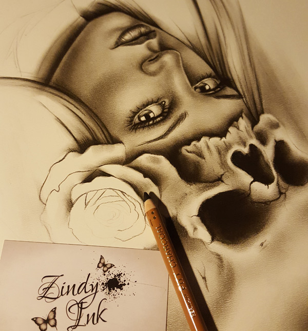 600x645 Skull Rose Girl - Rose Girl Drawing