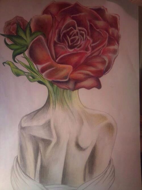 500x667 Drawing Of Woman's Body With Red Rose For Head Art Art Drawings - Rose Head Drawing