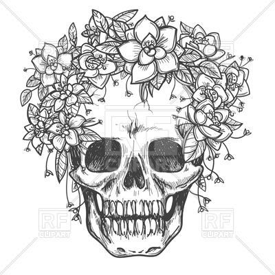 400x400 Hand Drawing Dead Skull With Rose Flowers Vector Image Of People - Rose Head Drawing