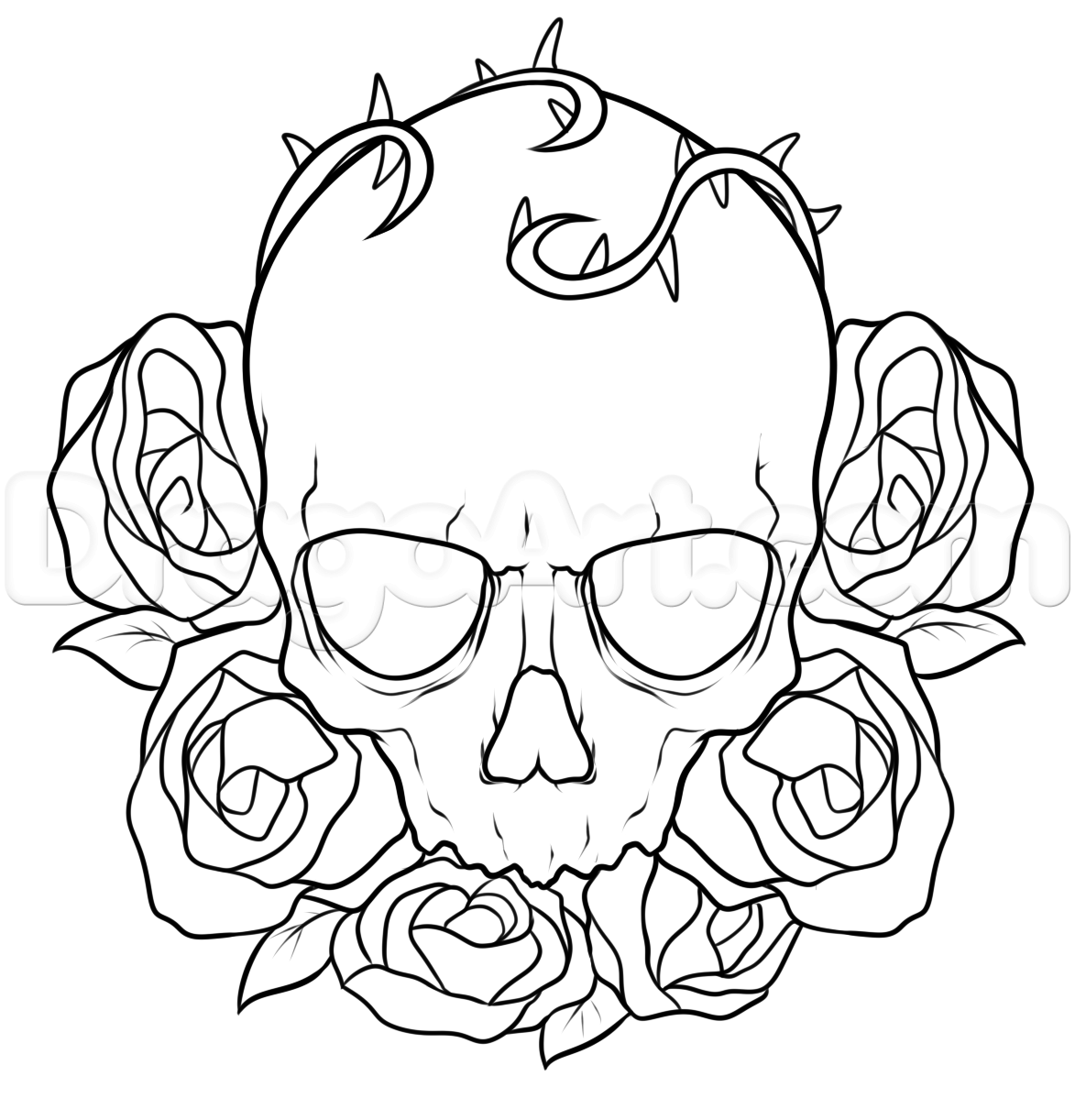 1173x1222 How To Draw A Skull And Roses Tattoo, Step - Rose Head Drawing