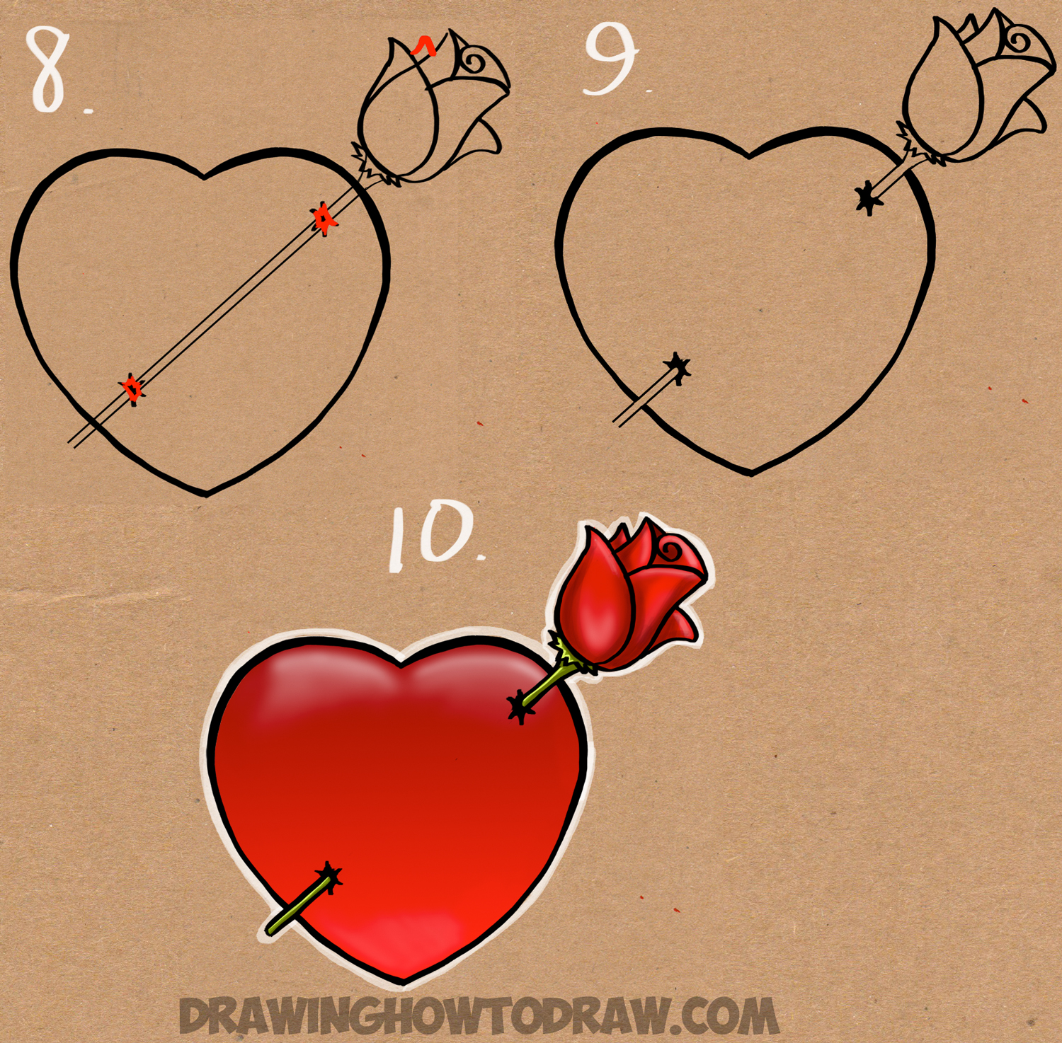 1500x1474 how to draw a heart with a rose piercing it like an arrow - Rose Heart Drawing