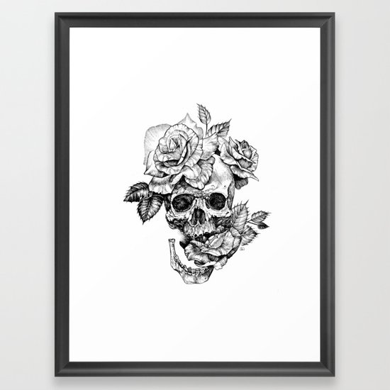 550x550 Black And White Skull With Roses Pen Drawing Framed Art Print - Rose Pen Drawing