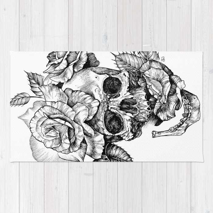700x700 black and white skull with roses pen drawing rug - Rose Pen Drawing