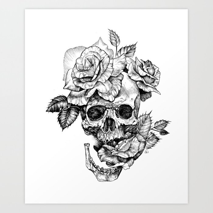 700x700 Black And White Skull With Roses Pen Drawing Art Print - Rose Pen Drawing