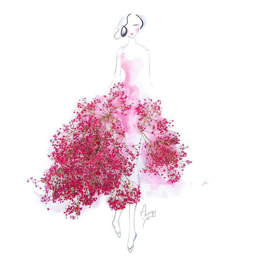 900x900 Elegant Drawings Of Girls Wearing Dresses Made Of Real Flower - Rose Petals Drawing