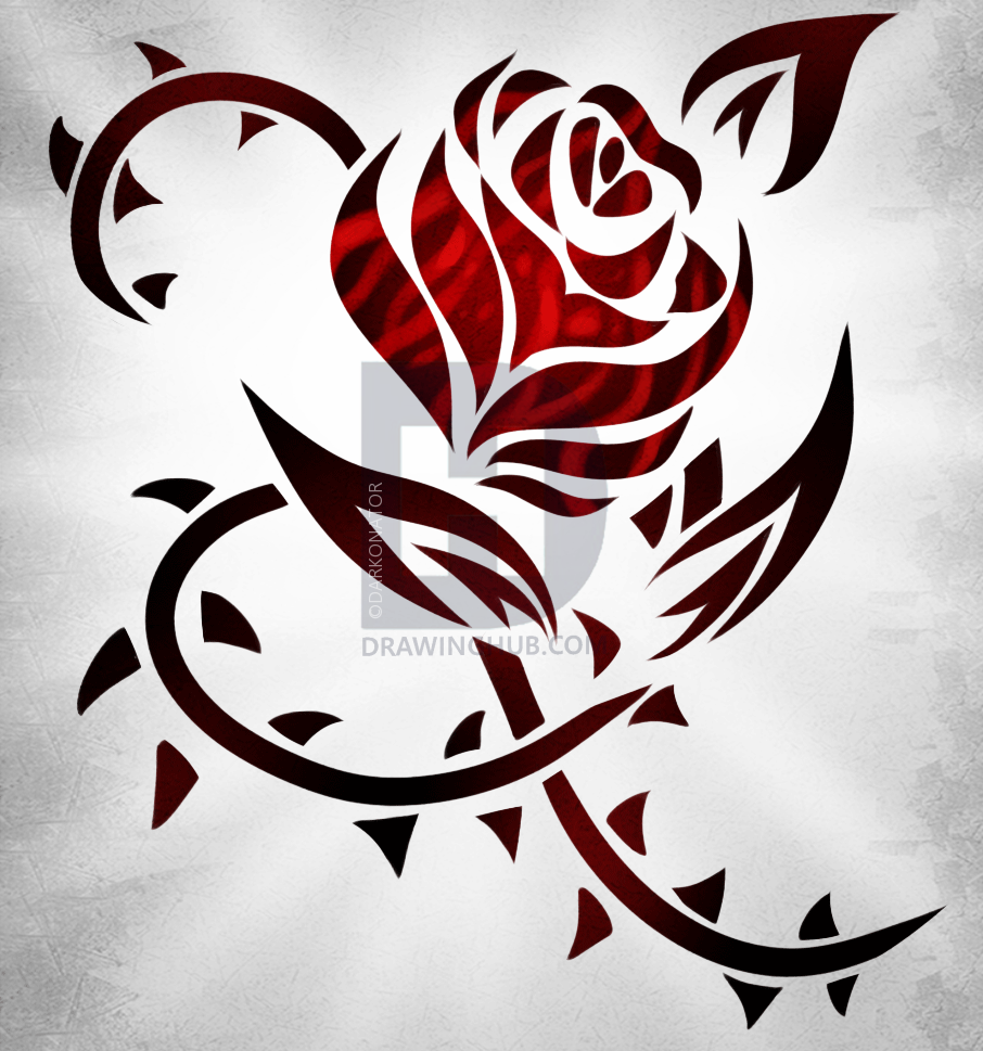 906x969 How To Draw A Tribal Rose Tattoo, Step - Rose Tattoo Drawing