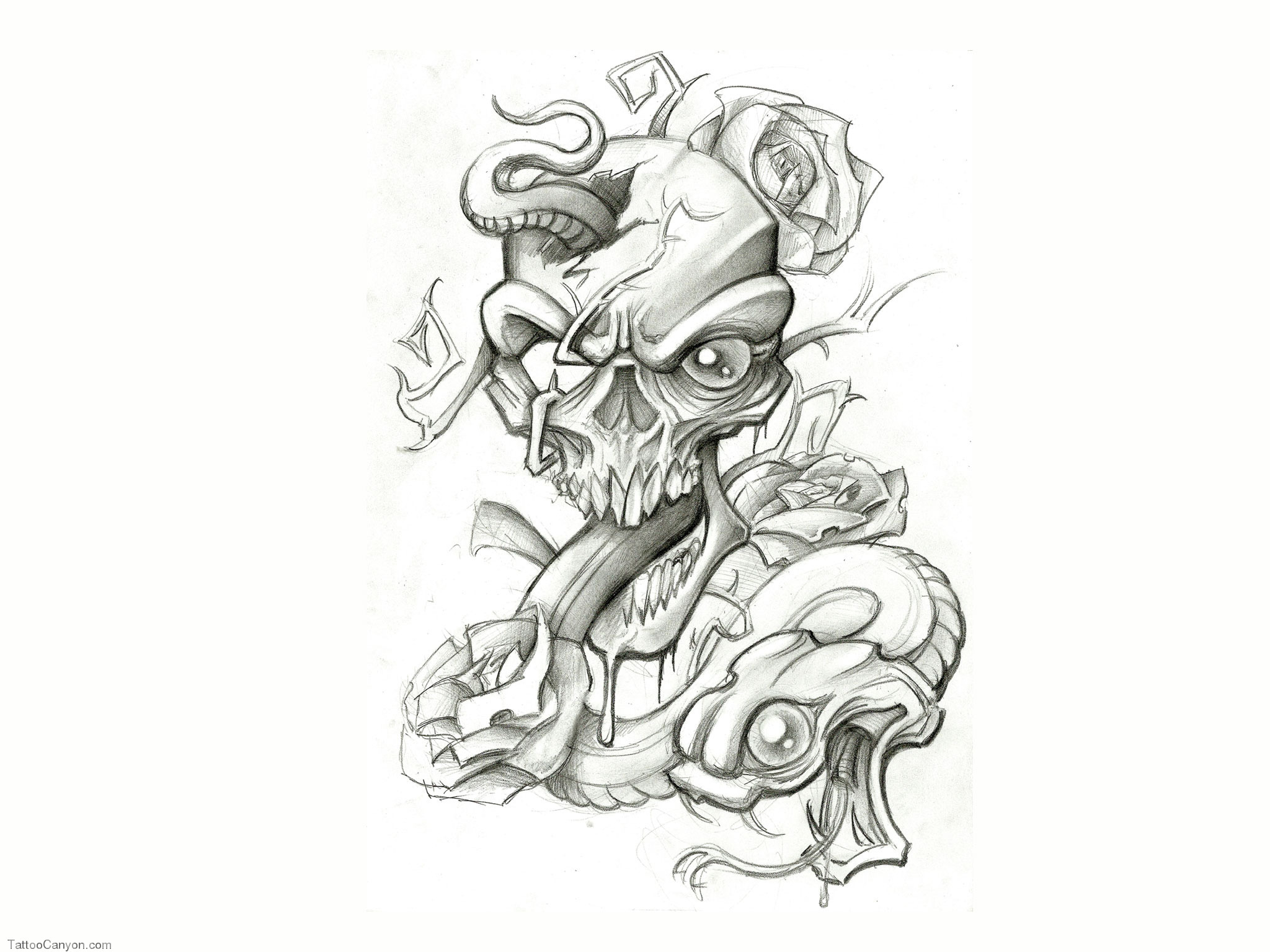 2048x1536 free designs snake skull and rose tattoo drawing wallpaper - Rose Tattoo Drawing Designs