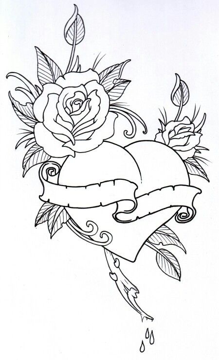 450x741 Roses With Heart Tattoo Ideas Coloring Pages, Tattoos, Tattoo - Rose With Heart Drawing