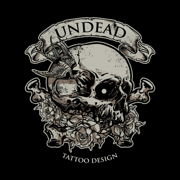 626x626 Hand Drawing Skull With Rose And Ribbon Vector Premium Download - Rose With Ribbon Drawing