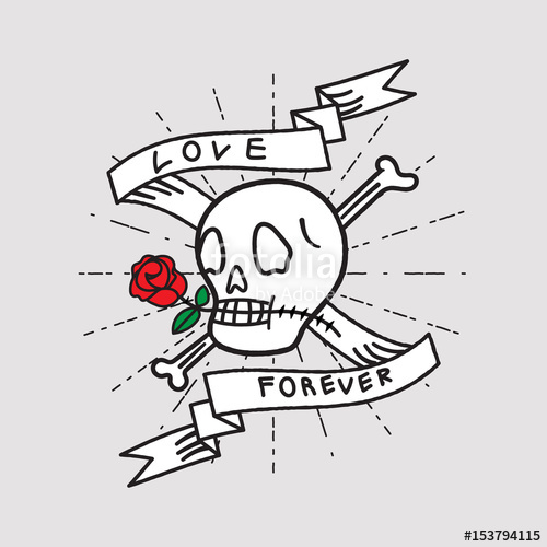 500x500 Love Forever, Skull And Rose With Ribbon Stock Image And Royalty - Rose With Ribbon Drawing