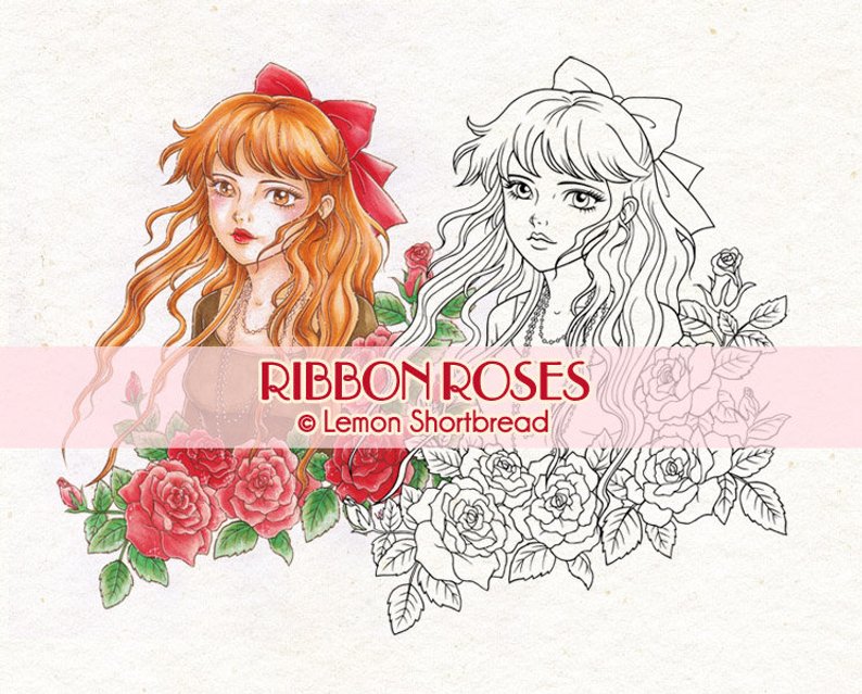 794x639 Digital Stamp Ribbon Roses Girl Digi Download Summer Etsy - Rose With Ribbon Drawing