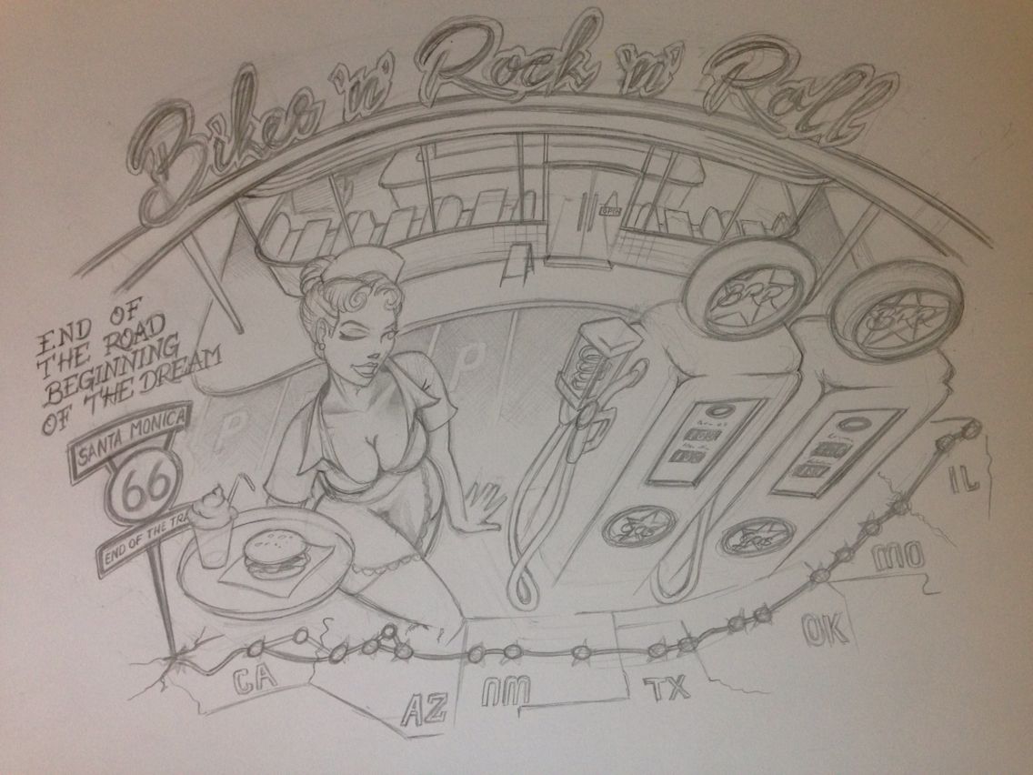 1136x852 rock'n'roll route drawing tattoo diner tattoos tattoo - Route 66 Drawing