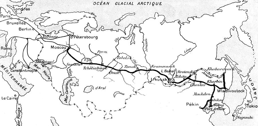 900x442 map of the route of the trans siberian railway drawing - Route Drawing