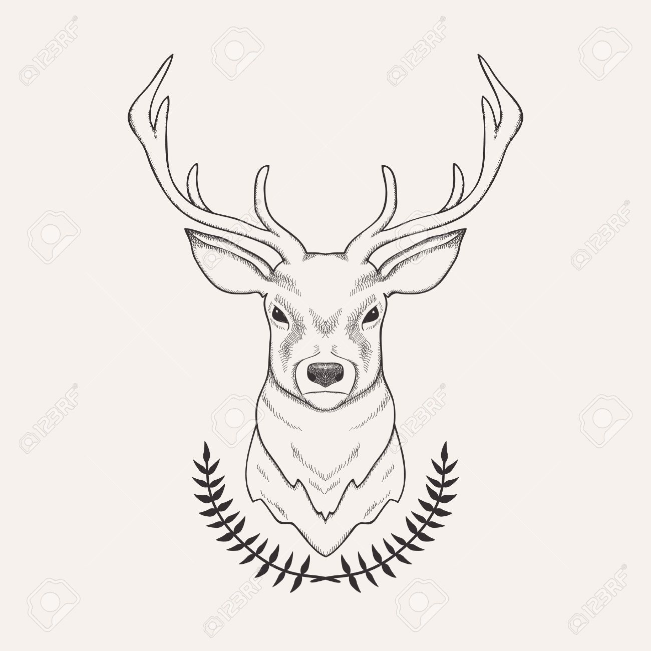 1300x1300 Vector Hand Drawn Illustration Of Deer And Laurel In Art - Royalty Free Drawings