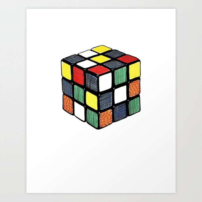 700x700 Hand Coloured Rubik's Cube Drawing Art Print - Rubiks Cube Drawing