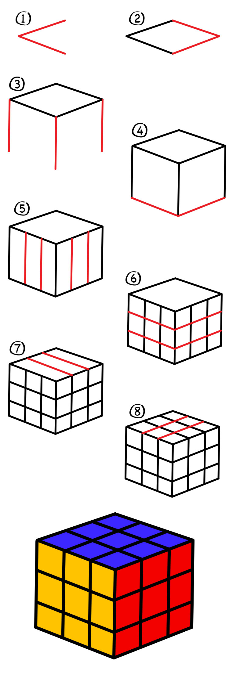 750x2235 How To Draw A Rubik's Cube - Rubiks Cube Drawing