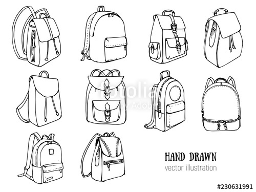 500x375 hand drawn vector set of doodle backpacks cartoon casual backpack - Rucksack Drawing