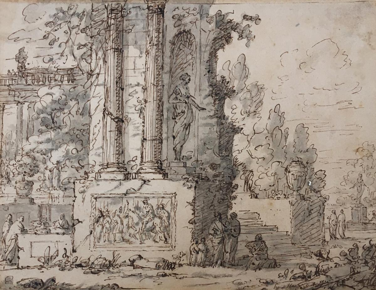 1200x927 ruins and characters drawing, italian school early pen - Ruins Drawing