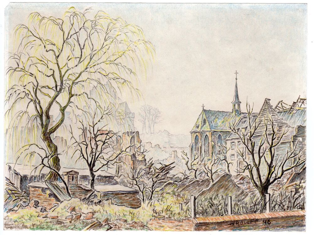 1000x748 antique drawing kleve ruins after wwii w roleff ebay - Ruins Drawing