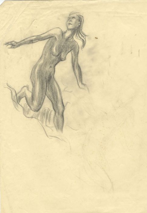 485x700 Early Century Graphite Drawing - Running Figure Drawing