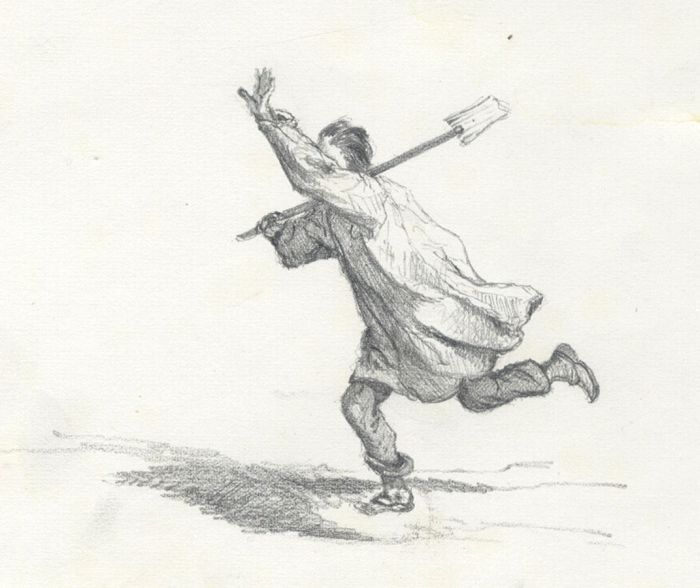 700x588 Mid Century Graphite Drawing - Running Man Drawing