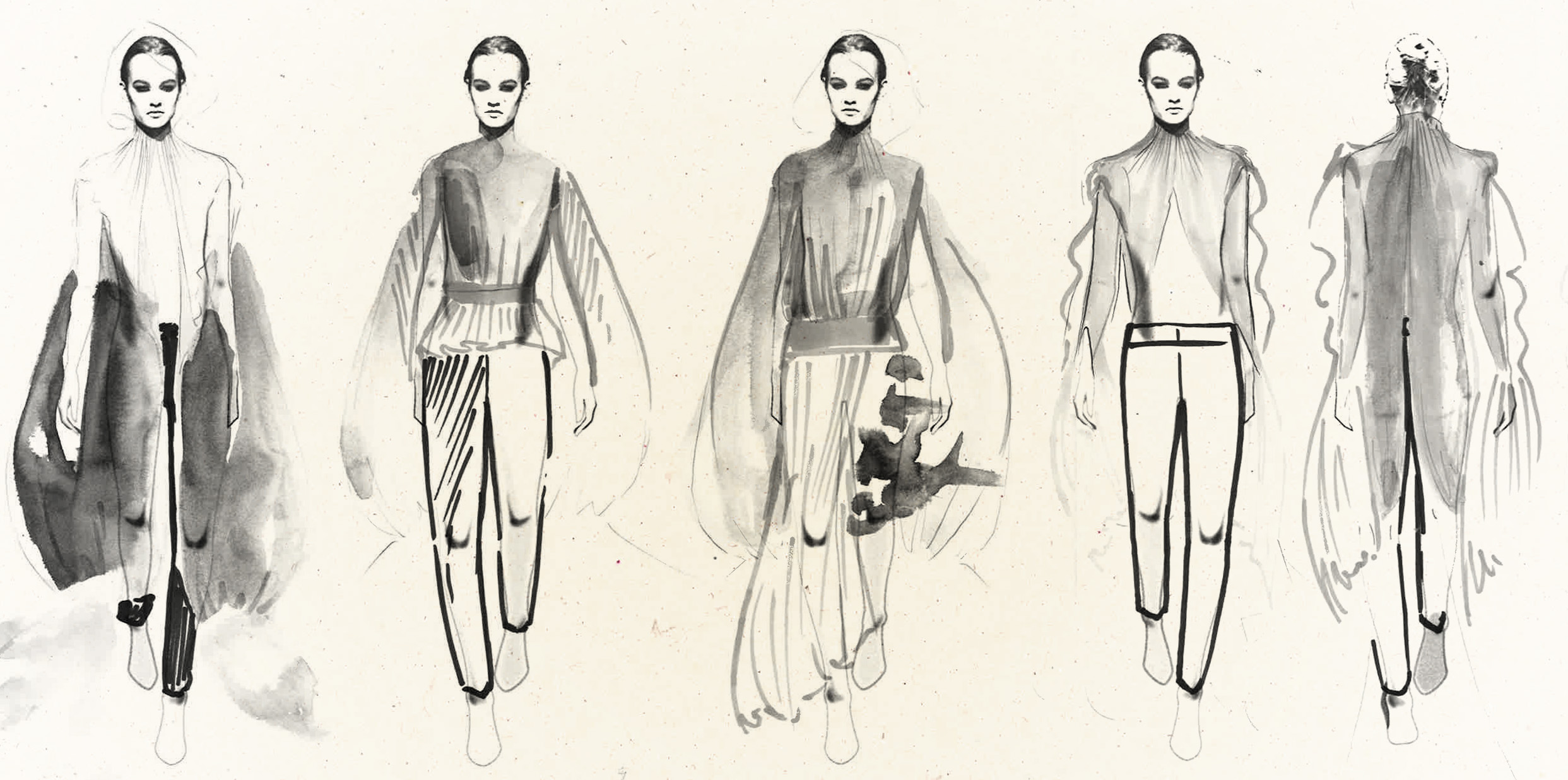 2485x1236 fashion sketch on a runway model template fashion tech support - Runway Drawing