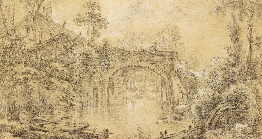 900x476 Landscape With A Rustic Bridge Drawing - Rustic Drawings