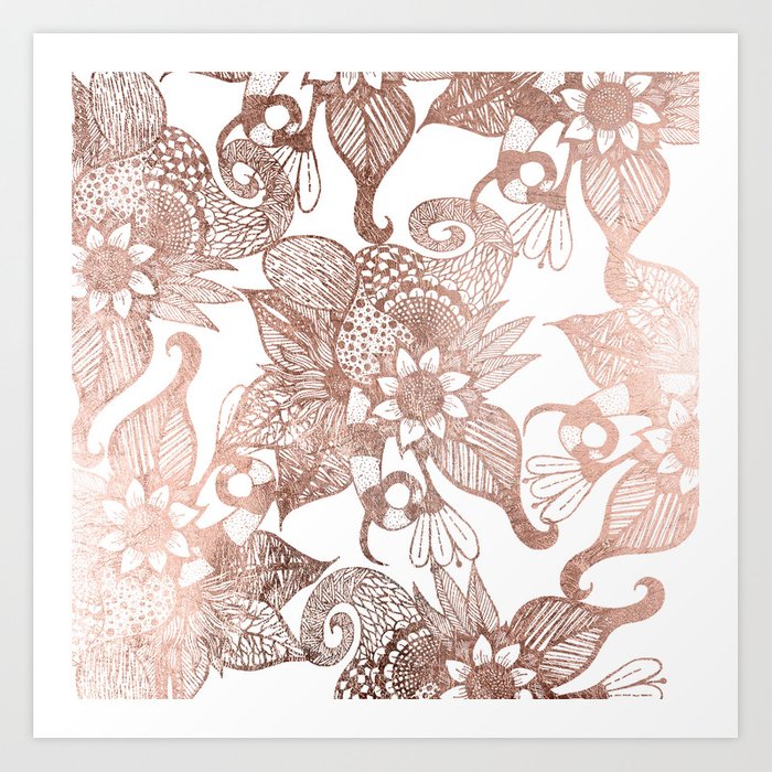 700x700 Vintage Faux Rose Gold Rustic Floral Drawings Art Print - Rustic Drawings