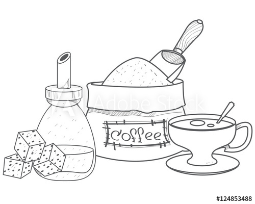 500x400 sack of coffee beans, sugar and cup outline drawing - Sack Drawing