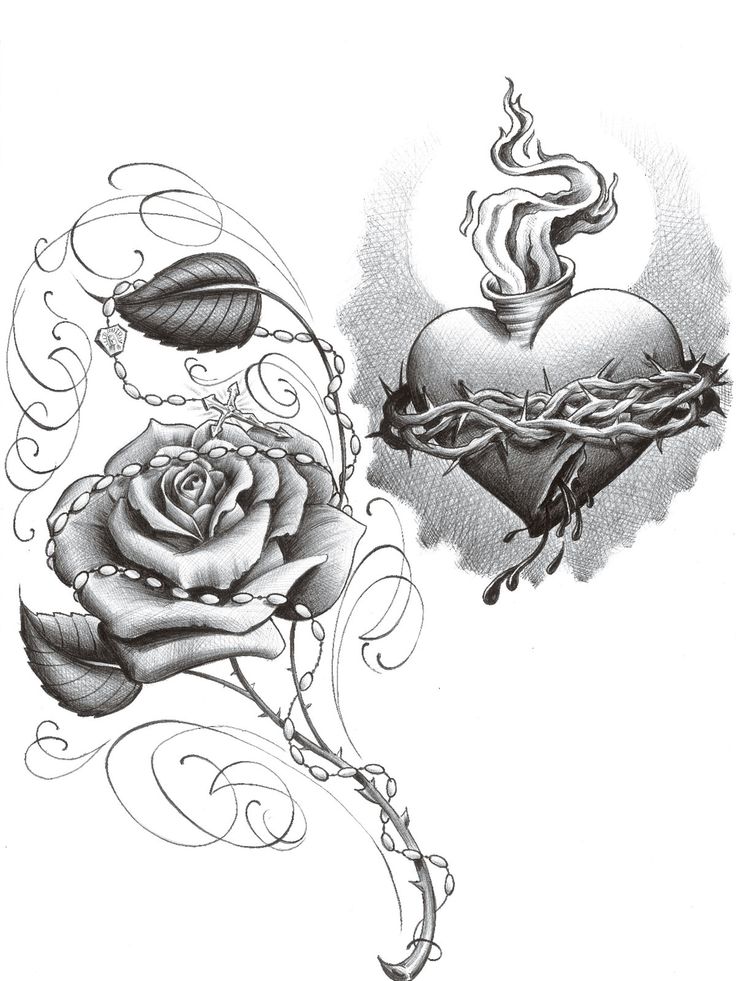 736x981 black and grey sacred heart with rose tattoo design - Sacred Heart Drawing
