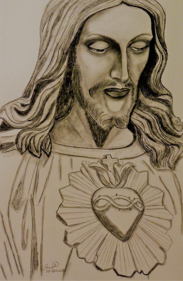 585x900 Jesus Drawing - Sacred Heart Of Jesus Drawing