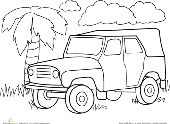 350x255 color a car jungle jeep classroom worksheets for kids - Safari Jeep Drawing