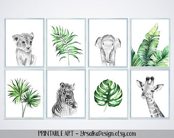 340x270 tropical jungle nursery decor safari animals zebra elephant etsy - Safari Tree Drawing