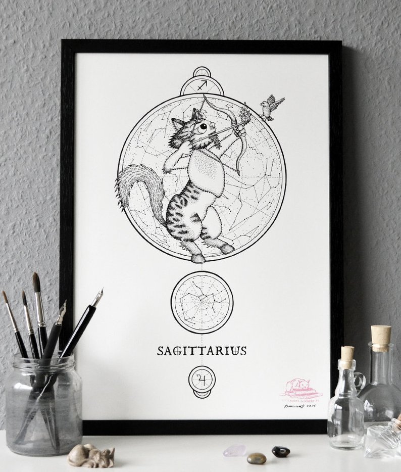 794x934 Zodiac Sign Sagittarius Drawing Original Art Black Tabby Etsy - Sagittarius Drawing