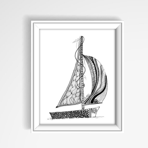 570x570 sailboat print sailboat drawing black and white drawing etsy - Sailboat Drawing