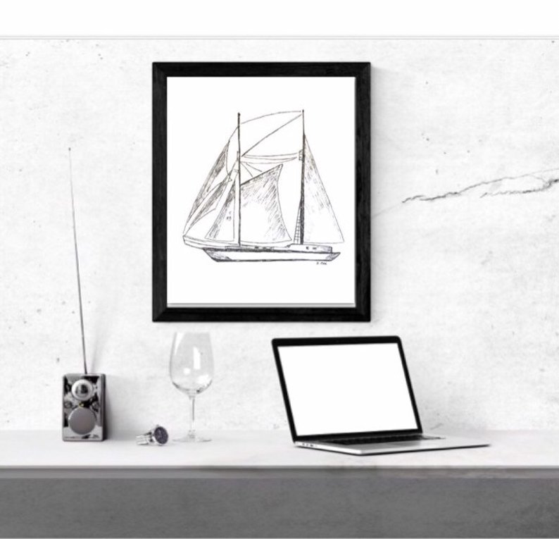 794x765 sailboat drawing nautical poster black and white print etsy - Sailboat Drawing Images
