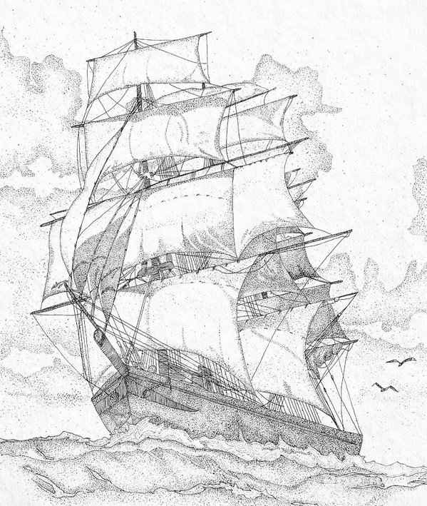 599x709 old sailing ship art print - Sailing Ship Line Drawing