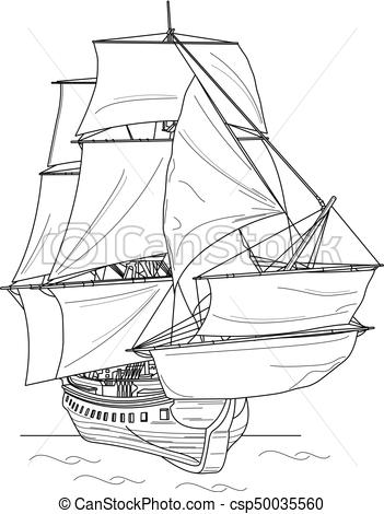 351x470 Ship Line Vector Illustration - Sailing Ship Line Drawing