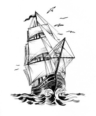 330x400 tall sailing ship in the sea ink black and white drawing buy - Sailing Ship Line Drawing