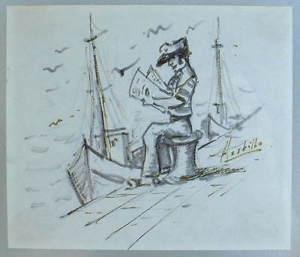 300x257 original pen ink drawing reading sailor ca sailboat - Sailor Drawing