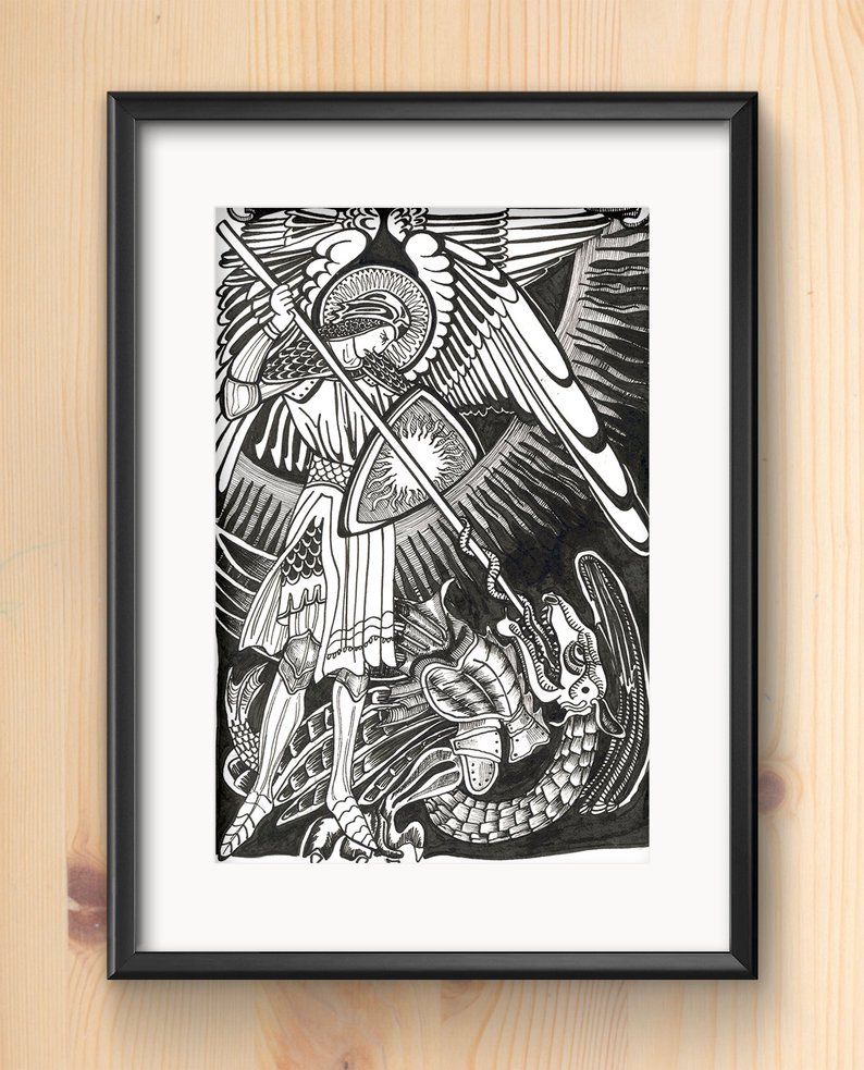 794x983 saint michael drawing art print catholic gift reut studio etsy - Saint Michael Drawing