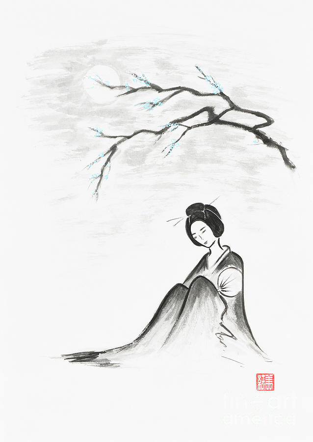 638x900 geisha sitting under sakura branch in the moonlight japanese zen - Sakura Branch Drawing